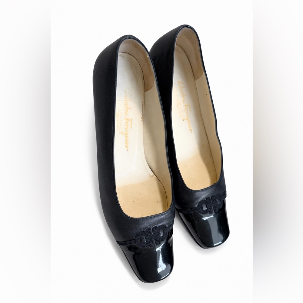 Salvatore Ferragamo Black Leather Pumps with Patent Cap Toe